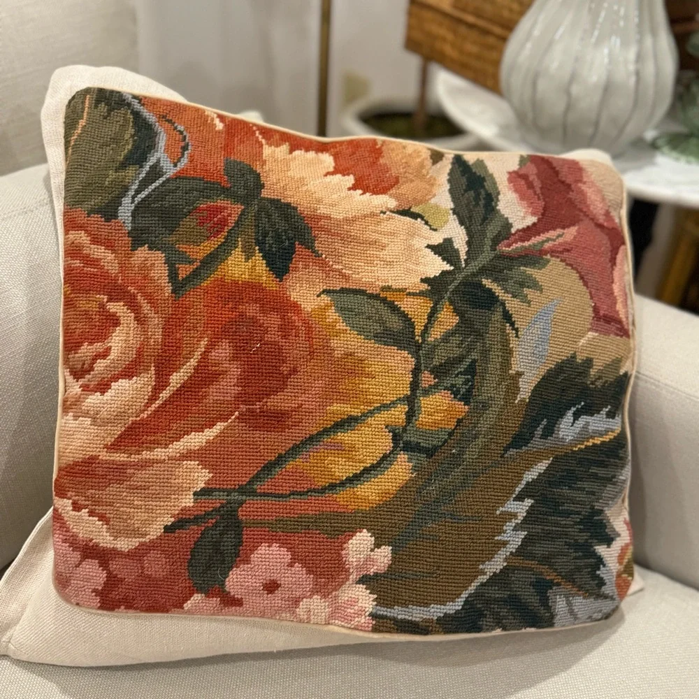 Hand Crafted Vintage Floral In Scroll Needlepoint Pillow Cover 18” x16”